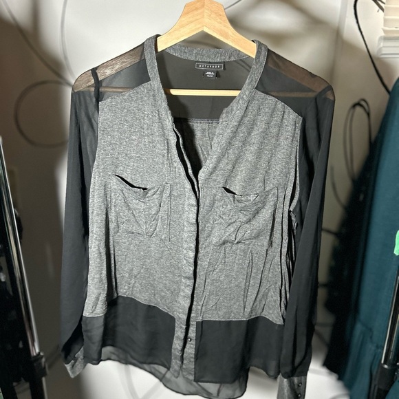 Metaphor Sheer Black Sleeve Blouse w/Gray Knit Bodice+Pockets, Medium - Picture 1 of 8